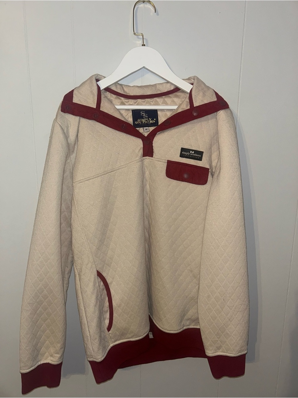 Simply Southern Cream Quilted Pullover with Burgundy Accents